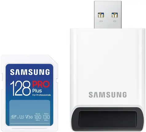 SAMSUNG PRO Plus SDXC 128 GB + adaptér / Class 10 / U3 / čtení: až 180MBs / zápis: až 130MBs / vhodné pro 4K