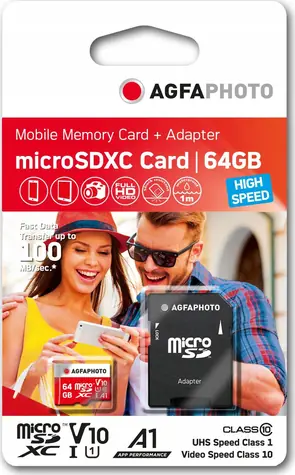 AgfaPhoto MicroSDXC 64GB + Adaptér (10582) / R:80 MB/s / W:20 MB/s / Class 10 