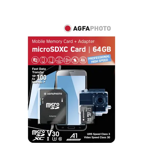 AgfaPhoto MicroSDXC 64GB + Adaptér (10582A1) / R:100 MB/s / W:50 MB/s / Class V30 
