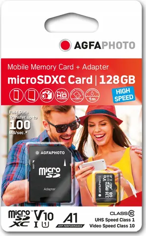 AgfaPhoto MicroSDXC 128GB + Adaptér / R:100 MB/s / W:20 MB/s / Class 10 