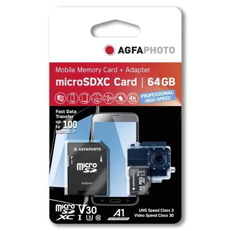 AgfaPhoto MicroSDXC Professional 64GB + Adaptér / R:100 MB/s / W:50 MB/s / Class V30 