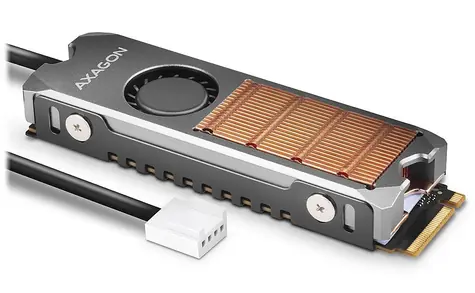 AXAGON CLR-M2FAN, měděný chladič s ventilátorem pro jedno i oboustranný M.2 SSD disk, výška 13 mm