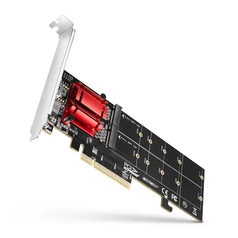 AXAGON PCEM2-ND, PCIe x8 řadič - 2x M.2 NVMe M-key slot, RAID, podpora desek bez bifurkace, vč. LP 