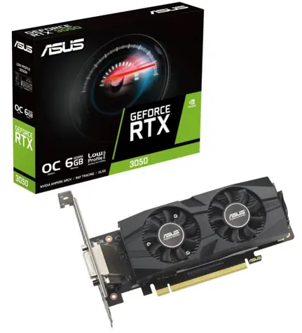 ASUS GeForce RTX 3050 LP BRK OC 6GB / 1042-1470MHz / 6GB GDDR6 / 96-bit / 1x DVI + 1x HDMI + 1x DP / 70W