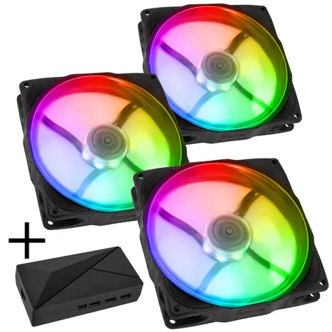 Noiseblocker NB-eLoop X B12-PS ARGB černá 3ks + Port Hub / 120mm / 21.2 dB @ 1500 RPM / 58.09 CFM / 4-Pin PWM + 3-Pin