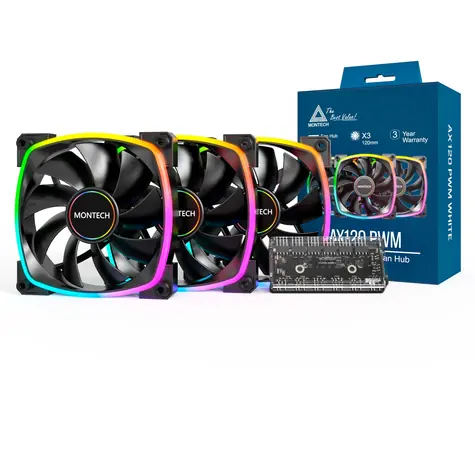 Montech AX120 PWM ARGB 3ks + porthub černá / 120mm / 27 dB @ 1600 RPM / 59 CFM / 4-Pin PWM + 3-Pin