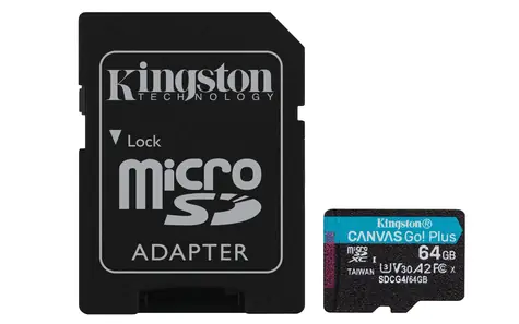 Kingston Canvas Go Plus microSDXC 64GB s adaptérem / UHS-I V30 / U3 / Class 10 / čtení: až 200MBs / zápis: až 160 MBs