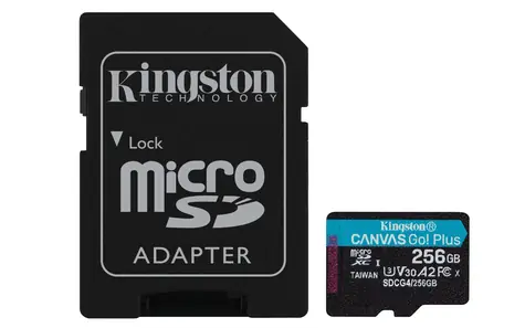 Kingston Canvas Go Plus microSDXC 256GB s adaptérem / UHS-I V30 / U3 / Class 10 / čtení: až 200MBs / zápis: až 160 MBs