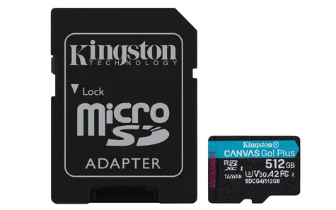 Kingston Canvas Go Plus microSDXC 512GB s adaptérem / UHS-I V30 / U3 / Class 10 / čtení: až 200MBs / zápis: až 160 MB