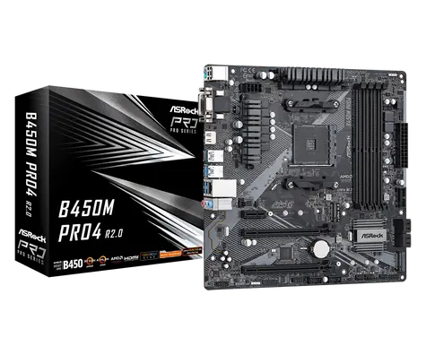 ASRock B450M Pro4 R2.0 / AMD B450 / DDR4 / SATA III / USB 3.0 / GLAN / sc.AM4 / mATX 