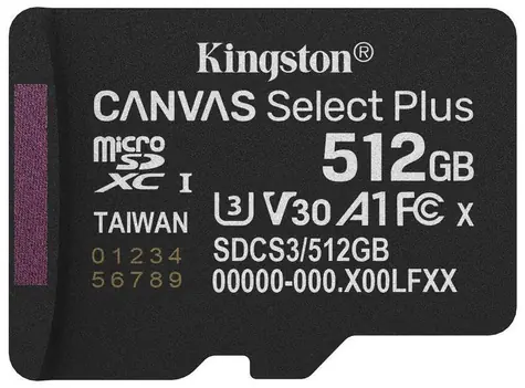 Kingston Canvas Select Plus Gen3 microSDXC 512GB / UHS-I V30 / U3 / Class 10 / čtení: až 150MBs / zápis: až 150 MBs