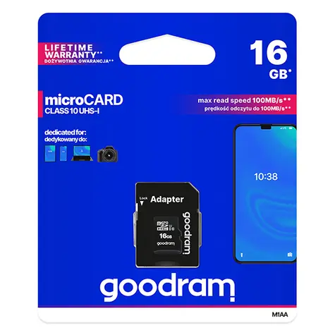 Rozbaleno - GOODRAM microSDHC 16GB + adaptér / Class 10 / UHS-I U1 / R: 100 MBs / W:10 MBs / rozbaleno