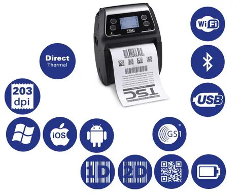 TSC Aplha-4L Přenosná DT tiskárna čárových kódů / 203 dpi / pokladní / Termotiskárna / BT / Wi-Fi / USB