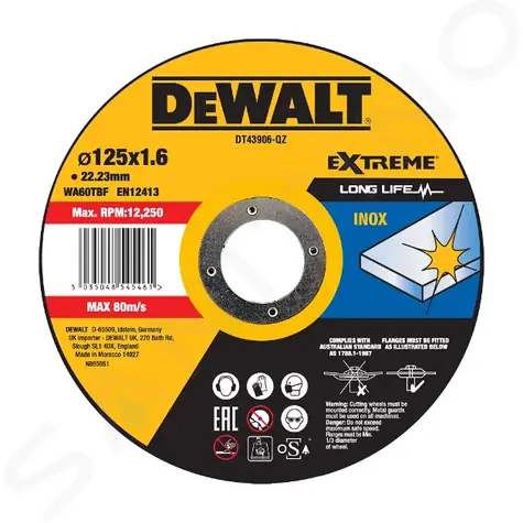 DeWalt DT43906 / Řezný kotouč na nerezovou ocel / Průměr 125 x 22.23 mm / Šířka řezu 1.6 mm