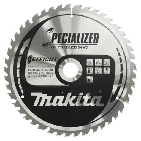 Makita B-64630 TCT EFFICUT / pilový kotouč na dřevo / 260x2.15x30mm / 45 zubů