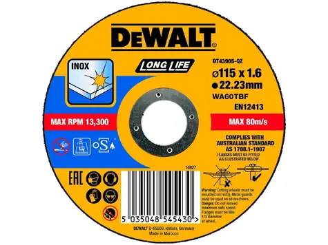 DeWalt DT43905-QZ / Řezný kotouč na nerezovou ocel / Průměr 115 x 22.3 mm / Šířka řezu 1.6 mm