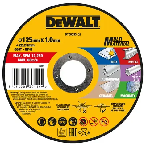 DeWALT DT20595 / Řezný kotouč na nerezovou ocel / Průměr 125 x 22.23 mm / Šířka 1.0 mm