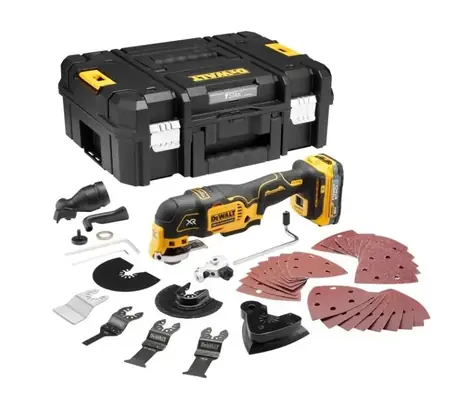 DeWALT DCS356E1T / Aku Bezuhlíková oscilační multibruska s příslušenstvím / 18V / 20.000 kmitů-min / 1x 1.7Ah bez nabíje