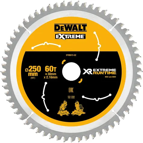 DeWalt DT99573 / Pilový kotouč pro aku pily / Průměr 250x30 mm / Šířka řezu 2.16 mm / Počet zubů 60