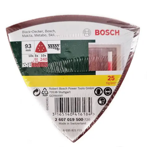 BOSCH 2607019500 / Sada brusného papíru pro delta brusky s otvory / Zrnitost 60 120 240 / Průměr 93 mm / 25 ks