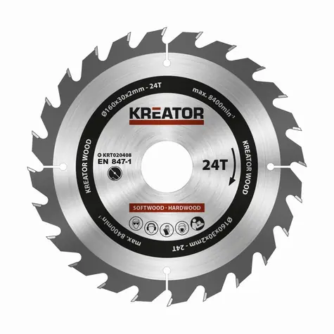 KREATOR KRT020408 / Pilový kotouč na dřevo / Průměr 160 x 30 mm / Šířka řezu 2.0 mm / Počet zubů 24 