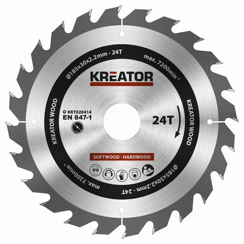 KREATOR KRT020414 / Pilový kotouč na dřevo / Průměr 185 x 30 mm / Šířka řezu 2.2 mm / Počet zubů 24 