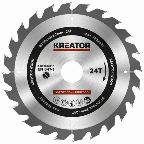 KREATOR KRT020416 / Pilový kotouč na dřevo / Průměr 190 x 30 mm / Šířka řezu 2.2 mm / Počet zubů 24 