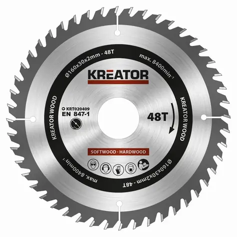 KREATOR KRT020409 / Pilový kotouč na dřevo / Průměr 160 x 30 mm / Šířka řezu 2.0 mm / Počet zubů 48 