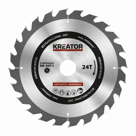 KREATOR KRT020420 / Pilový kotouč na dřevo / Průměr 210 x 30 mm / Šířka řezu 2.2 mm / Počet zubů 24 