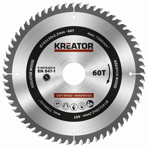 KREATOR KRT020415 / Pilový kotouč na dřevo / Průměr 185 x 30 mm / Šířka řezu 2.2 mm / Počet zubů 60 