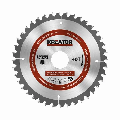 KREATOR KRT020502 / Pilový kotouč univerzální / Průměr 160 x 30 mm / Šířka řezu 2.2 mm / Počet zubů 40 