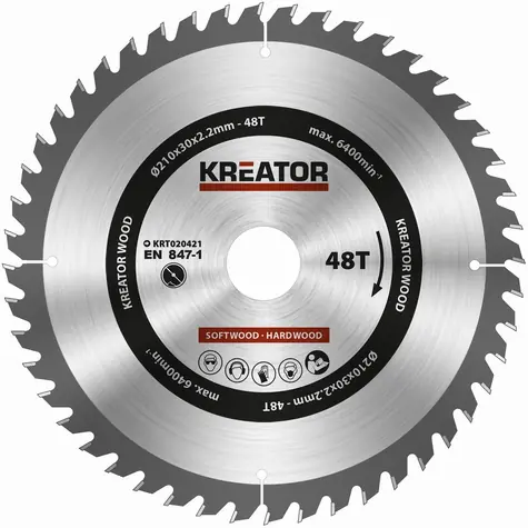 KREATOR KRT020421 / Pilový kotouč na dřevo / Průměr 210 x 30 mm / Šířka řezu 2.2 mm / Počet zubů 48 