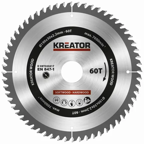 KREATOR KRT020417 / Pilový kotouč na dřevo / Průměr 190 x 30 mm / Šířka řezu 2.2 mm / Počet zubů 60 