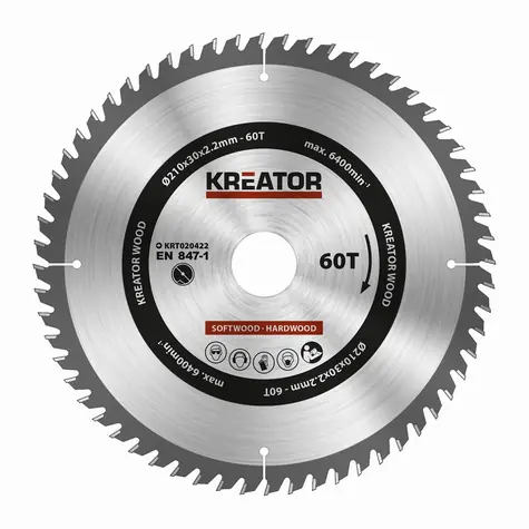 KREATOR KRT020422 / Pilový kotouč na dřevo / Průměr 210 x 30 mm / Šířka řezu 2.2 mm / Počet zubů 60 