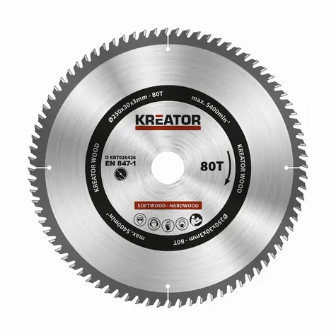 KREATOR KRT020426 / Pilový kotouč na dřevo / Průměr 250 x 30 mm / Šířka řezu 3.0 mm / Počet zubů 80