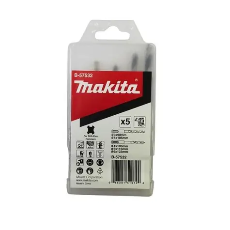 Makita B-57532 / Sada vrtáků na dřevo a kov SDS-Plus / Průměr 3-6 mm / Délka 90-123 mm / 5 ks