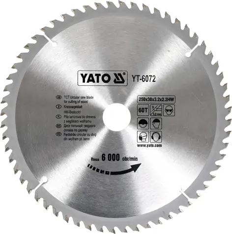 YATO YT-6072 / Pilový kotouč na dřevo / Průměr 250x30 mm / Šířka řezu 3.2 mm / Počet zubů 60