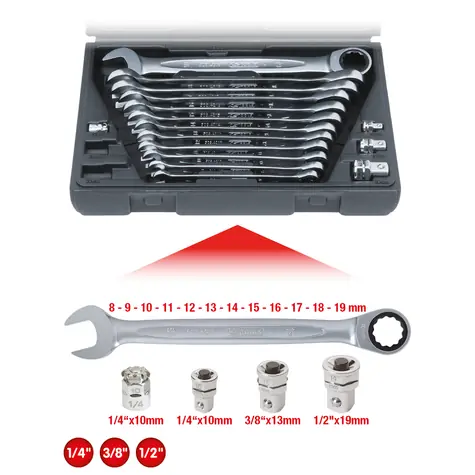 KS Tools GEARplus Souprava ráčnových plochých klíčů s očkem 16 dílná