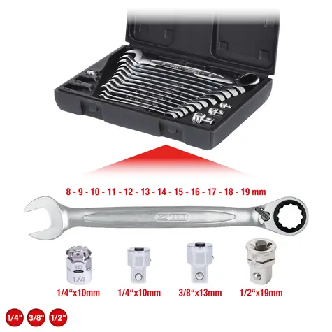 KS Tools GEARplus Souprava řehtačkových plochých klíčů s očkem 16 dílná / s přepínáním 