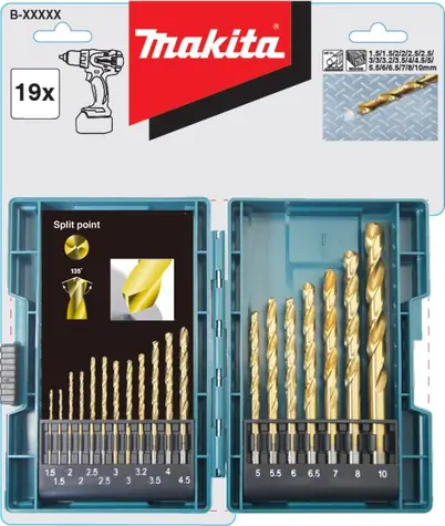 Makita B-67795 / Sada vrtáků HSS-Tin / Průměr 1.5-10 mm / 19 ks