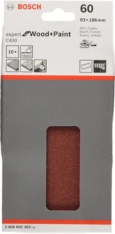 BOSCH Expert C430 2608605303 / Sada brusných papírů na dřevo a barvu s otvory / Zrnitost 60 / 93x186mm / 8 otvorů / 10ks