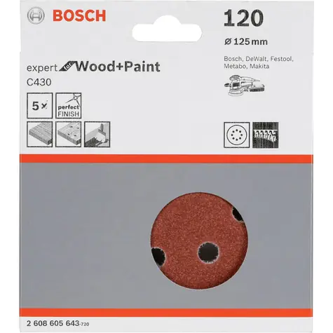 BOSCH Expert C430 2608605643 / Kotouč do excentrické brusky / Zrnitost 120 / 125mm / 8 otvorů / suchý zip / 5ks