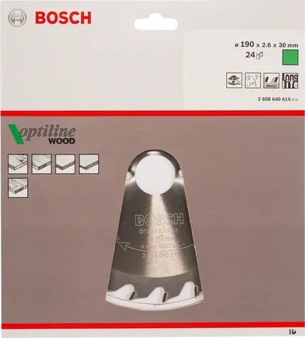 BOSCH Optiline Wood 2608640615 / Pilový kotouč na dřevo / 190x30 mm / Šířka řezu 2.6 mm / 24 zubů 
