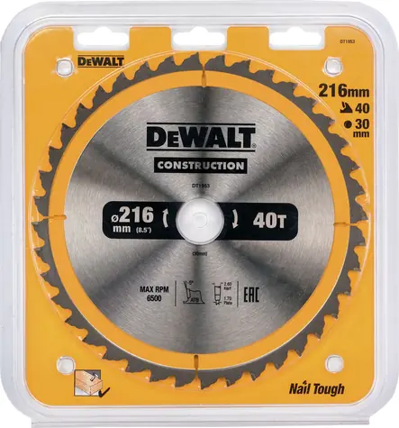 DeWalt DT1953 / Pilový kotouč pro kotoučové pily / Průměr 216x30 mm / Šířka řezu 2.6 mm / Počet zubů 40
