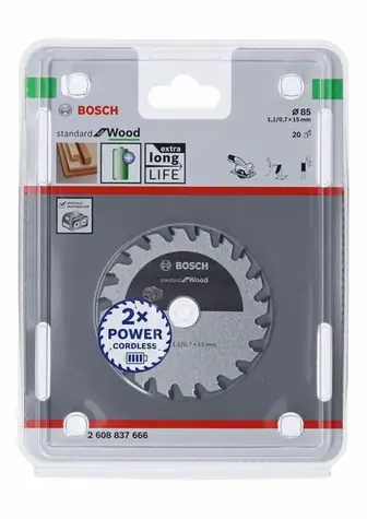 BOSCH Standard for Wood 2608837666 / Pilový kotouč / 85 mm / Šířka řezu 1.1 mm / 15mm / 20 zubů
