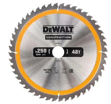 DeWalt DT1957 / Pilový kotouč pro aku pily / Průměr 250x30 mm / Šířka řezu 3.00 mm / Počet zubů 48