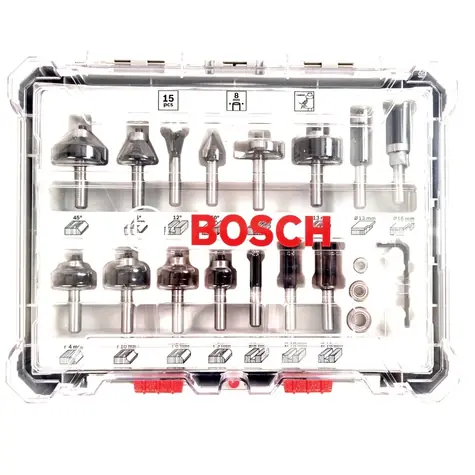 BOSCH 2607017472 / Smíšená sada tvarových fréz s vřetenem 8 mm / 15 ks