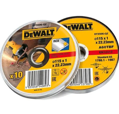 DeWalt DT3506 (10 ks) / Řezný kotouč na nerezovou ocel / 115 x 22.2 x 1.0mm / Šířka řezu 1.0 mm / 10 ks