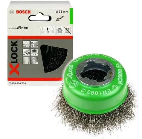 BOSCH Clean for Inox 2608620728 / Hrncový kartáč / X-LOCK / Zvlněný / Nerezová ocel / 75 mm / Síla drátu: 0.30 mm