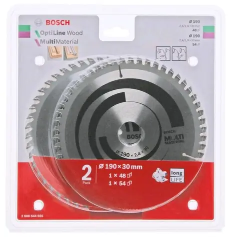 BOSCH 2608644655 / Sada Optiline Wood + Multi Material kotouč / 190x30 mm / Šířka řezu 2.6 & 2.4 mm / 48 & 54 zubů 